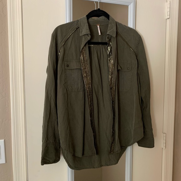 Free People Off Campus button down Moss metallic gold Olive Green Blouse XS - Picture 6 of 11